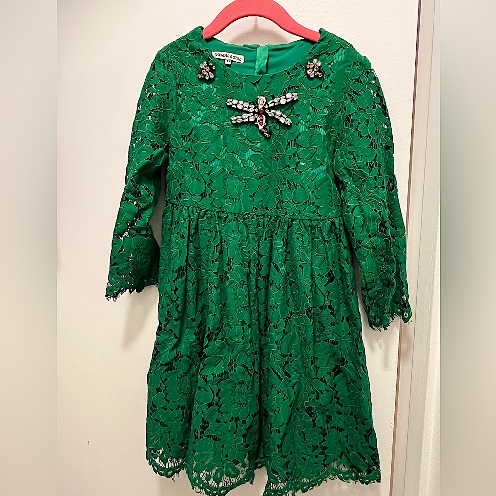 Beautiful green lace dress with dragon fly gem detail